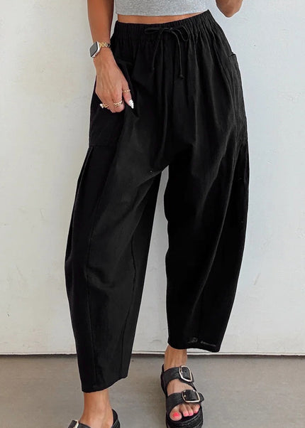 Black Drawstring Elastic Waist Patch Pocket Barrel Leg Casual Pants