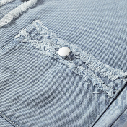 Beau Blue Frayed Edge Flap Pockets Denim Vest Jacket