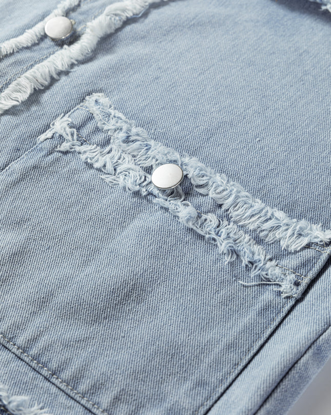Beau Blue Frayed Edge Flap Pockets Denim Vest Jacket