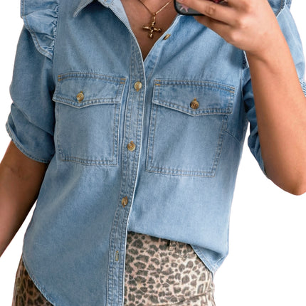 Myosotis Ruffle Detail Short Puff Sleeve Button Down Flap Pocket Denim Shirt