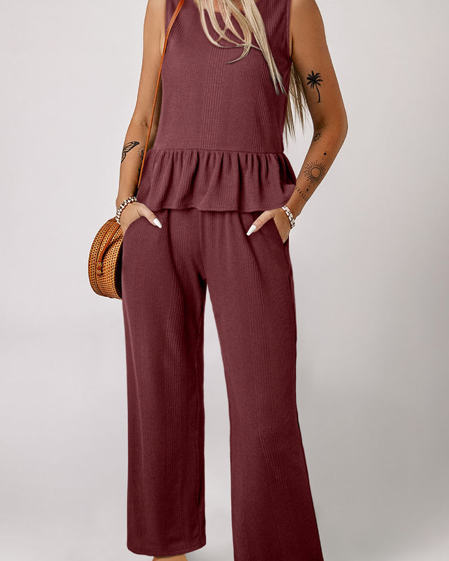 Beau Blue Solid Color Ribbed Ruffle Tank Top and Pants Set
