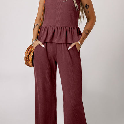 Beau Blue Solid Color Ribbed Ruffle Tank Top and Pants Set