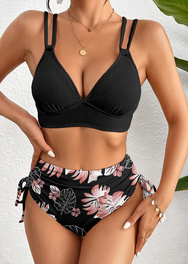 Black Ribbed Knit High Waist 2pcs Bikini Swimsuit
