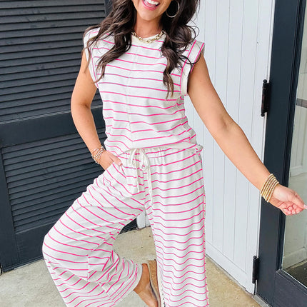 Rose Stripe Casual Wide Leg 2pcs Pants Set