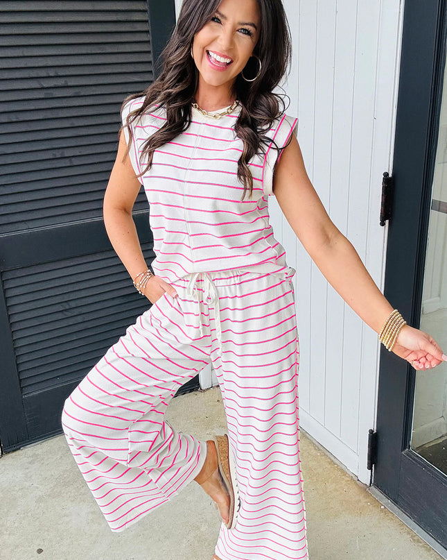 Rose Stripe Casual Wide Leg 2pcs Pants Set