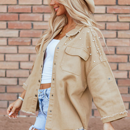 Khaki Pearl Beaded Raw Hem Button Up Denim Jacket