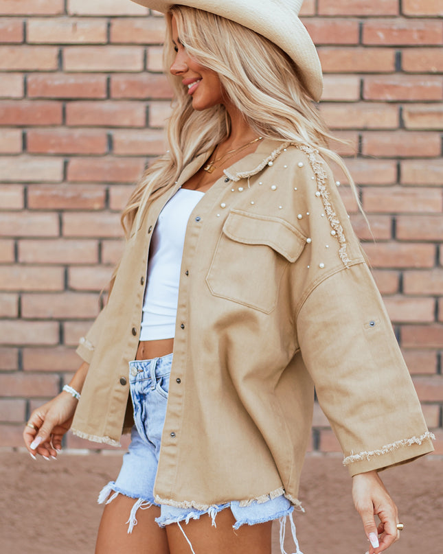 Khaki Pearl Beaded Raw Hem Button Up Denim Jacket
