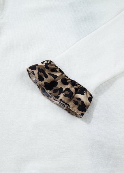 White Knitted Leopard Ruffle Patchwork Button Down Cropped Cardigan
