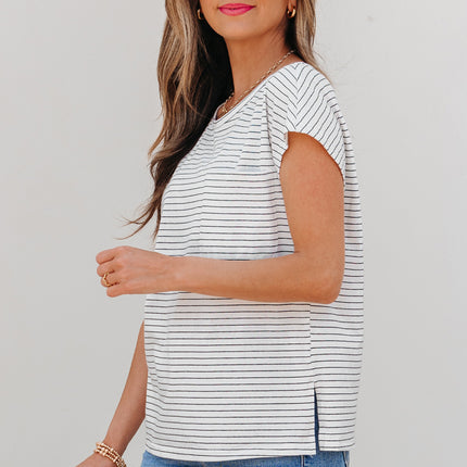 White Stripe Cap Sleeve Crew Neck Casual Tee with Chest Pocket