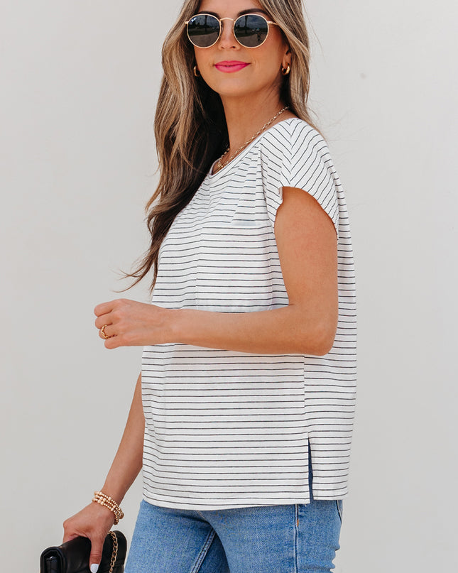 White Stripe Cap Sleeve Crew Neck Casual Tee with Chest Pocket