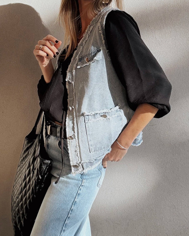 Beau Blue Frayed Edge Flap Pockets Denim Vest Jacket