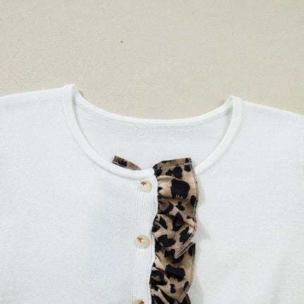 White Knitted Leopard Ruffle Patchwork Button Down Cropped Cardigan