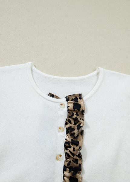 White Knitted Leopard Ruffle Patchwork Button Down Cropped Cardigan
