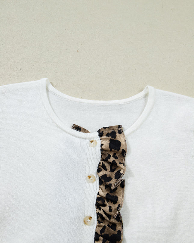 White Knitted Leopard Ruffle Patchwork Button Down Cropped Cardigan