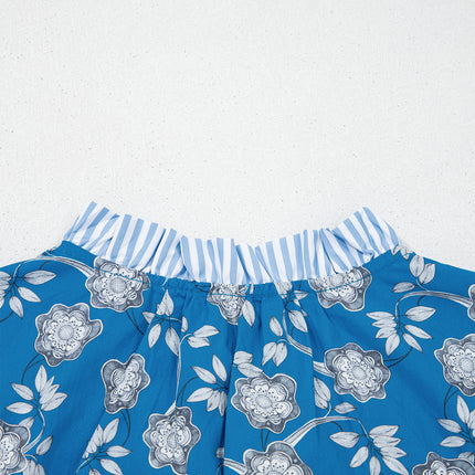 Blue Floral Print Button Tie Neck Striped Detail Short Sleeve Blouse