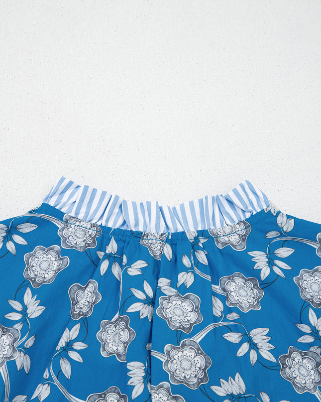 Blue Floral Print Button Tie Neck Striped Detail Short Sleeve Blouse