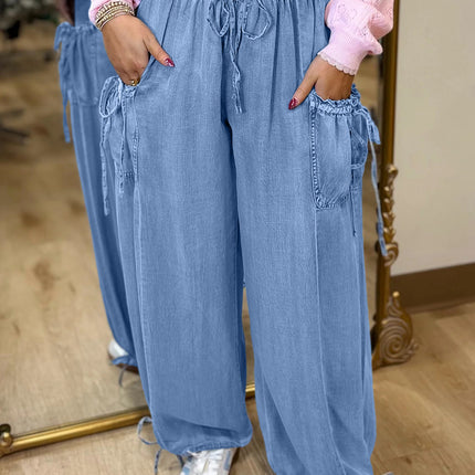 Beau Blue Drawstring Elastic Waist Pocketed Loose Denim Pants