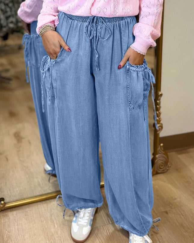 Beau Blue Drawstring Elastic Waist Pocketed Loose Denim Pants