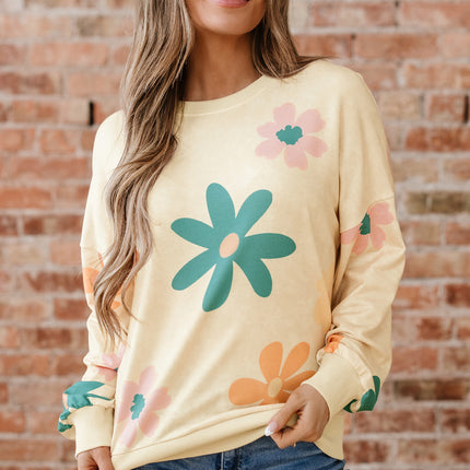Khaki Washed French Terry Flower Print Sweatshirt