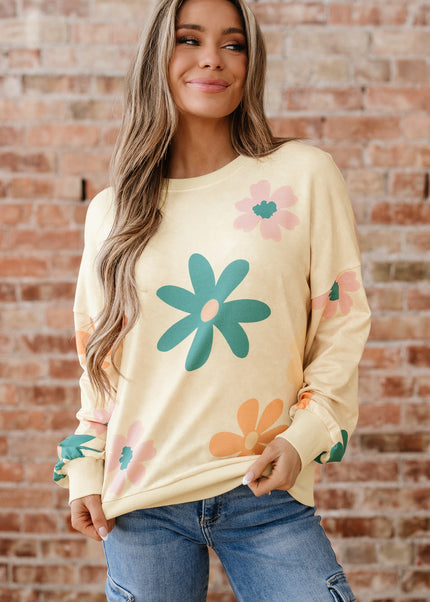 Khaki Washed French Terry Flower Print Sweatshirt