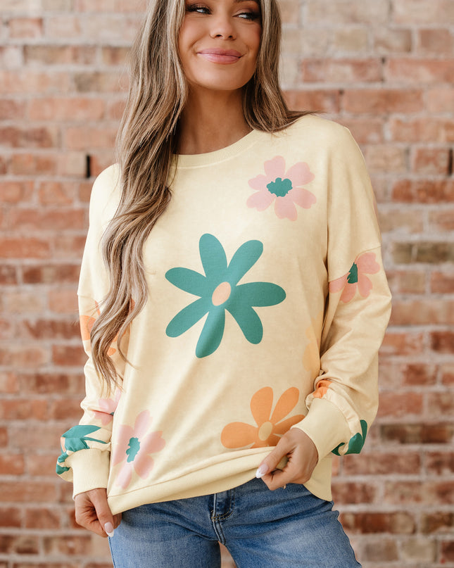 Khaki Washed French Terry Flower Print Sweatshirt
