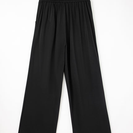 Black Pleated Detail Pull On High Elastic Waist Loose Straight Pants