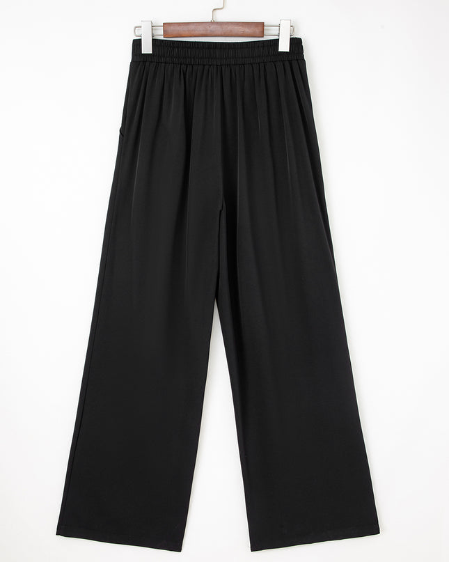 Black Pleated Detail Pull On High Elastic Waist Loose Straight Pants