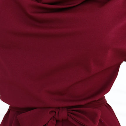 Burgundy Dress with Asymmetric Skirt and Belt – Roxi
