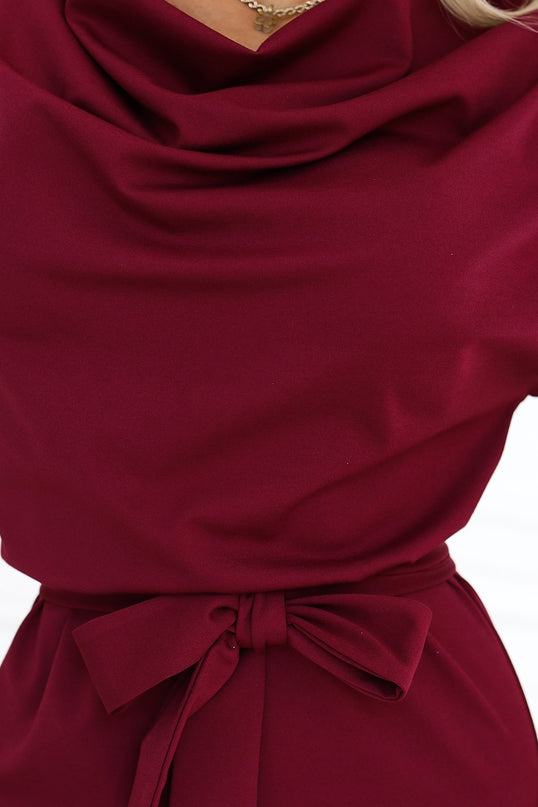 Burgundy Dress with Asymmetric Skirt and Belt – Roxi