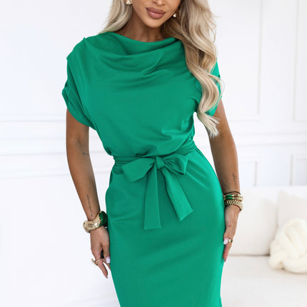 Green Dress with Asymmetric Skirt and Belt – Roxi