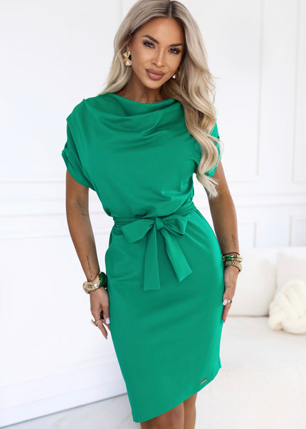 Green Dress with Asymmetric Skirt and Belt – Roxi