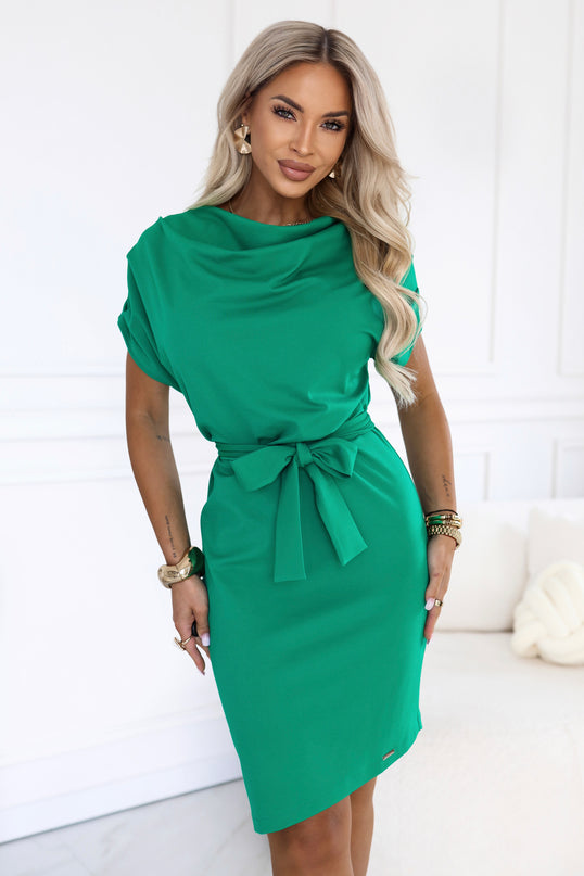 Green Dress with Asymmetric Skirt and Belt – Roxi