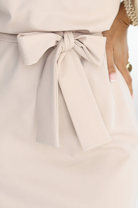 Beige Dress with Asymmetrical Skirt and Belt – Roxi