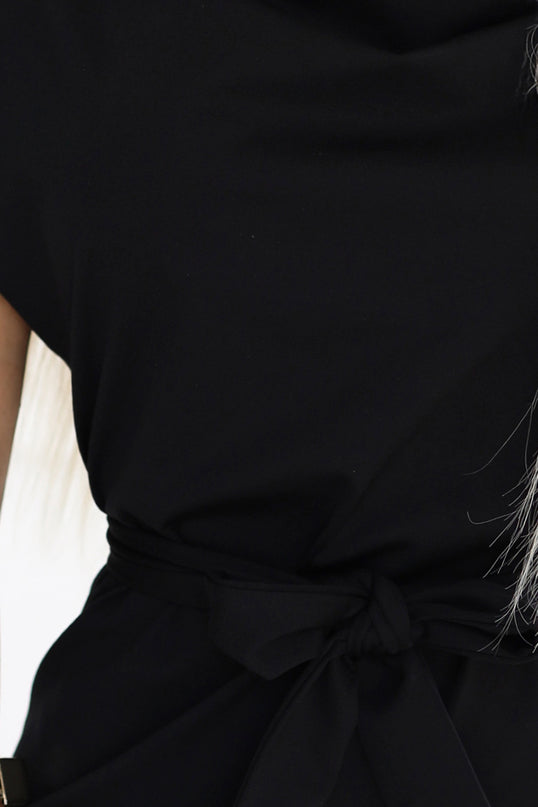 Black Dress with Asymmetrical Skirt and Belt – ROXI