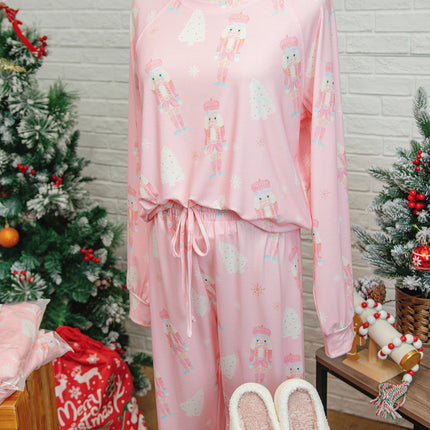 Pink Christmas Tree Nutcracker Print 2pcs Lounge Pant Set