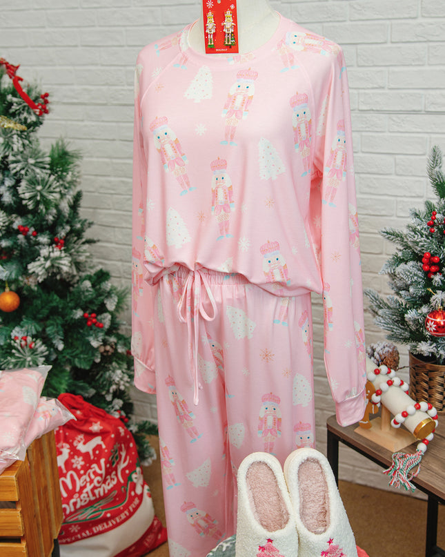 Pink Christmas Tree Nutcracker Print 2pcs Lounge Pant Set