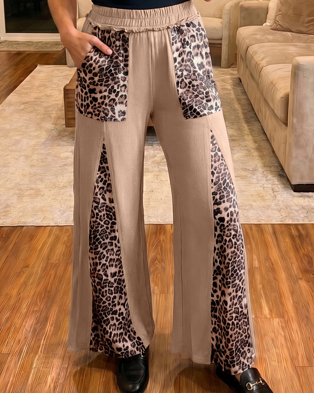 Straw Yellow Leopard Patchwork Wide Leg Pants