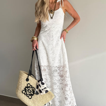 White Tie Spaghetti Straps Floral Lace Overlay Long Dress