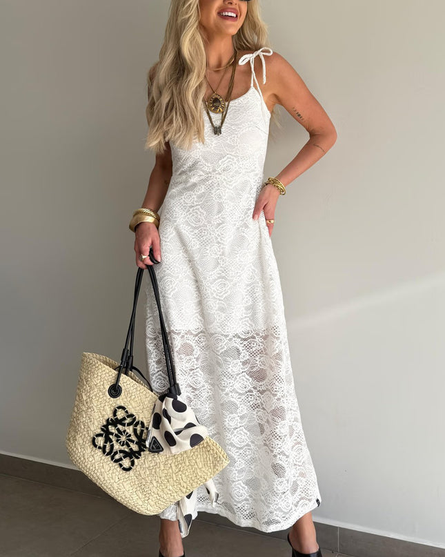 White Tie Spaghetti Straps Floral Lace Overlay Long Dress