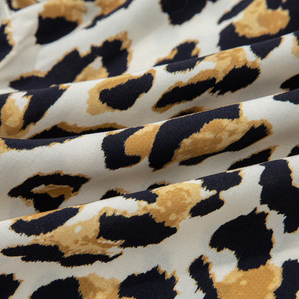 Khaki Mixed Leopard Patchwork 3/4 Sleeve Loose Shirt