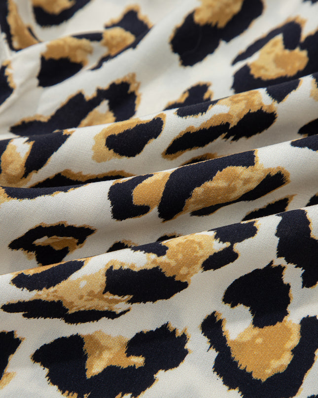 Khaki Mixed Leopard Patchwork 3/4 Sleeve Loose Shirt
