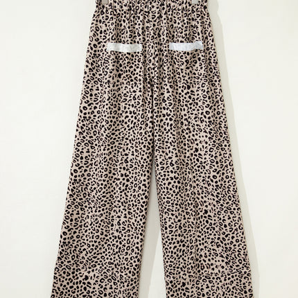 Khaki Animal Print Wide Leg Terry Knit Pants