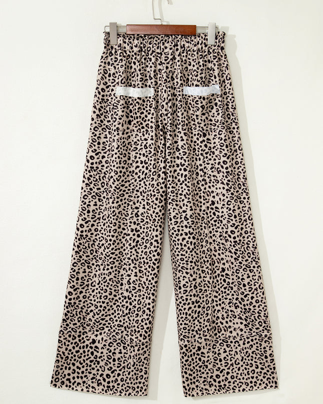 Khaki Animal Print Wide Leg Terry Knit Pants