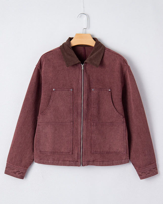 Coffee Corduroy Collar Zipped Front Denim Jacket