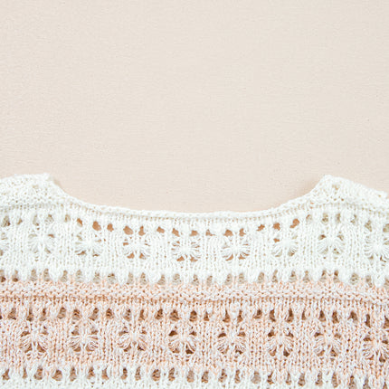 Pink Hollow-out Colorblock Drop Shoulder Casual Sweater