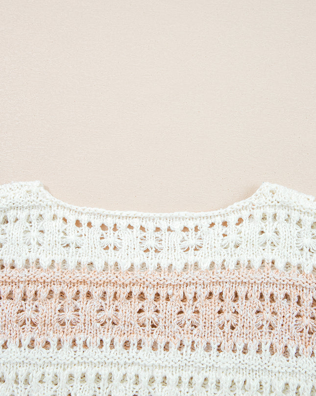 Pink Hollow-out Colorblock Drop Shoulder Casual Sweater