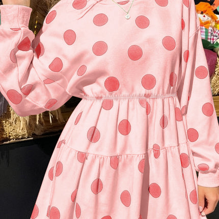 White Polka Dot Printed Long Sleeve Flared Mini Dress