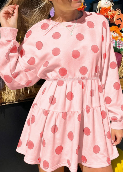 White Polka Dot Printed Long Sleeve Flared Mini Dress