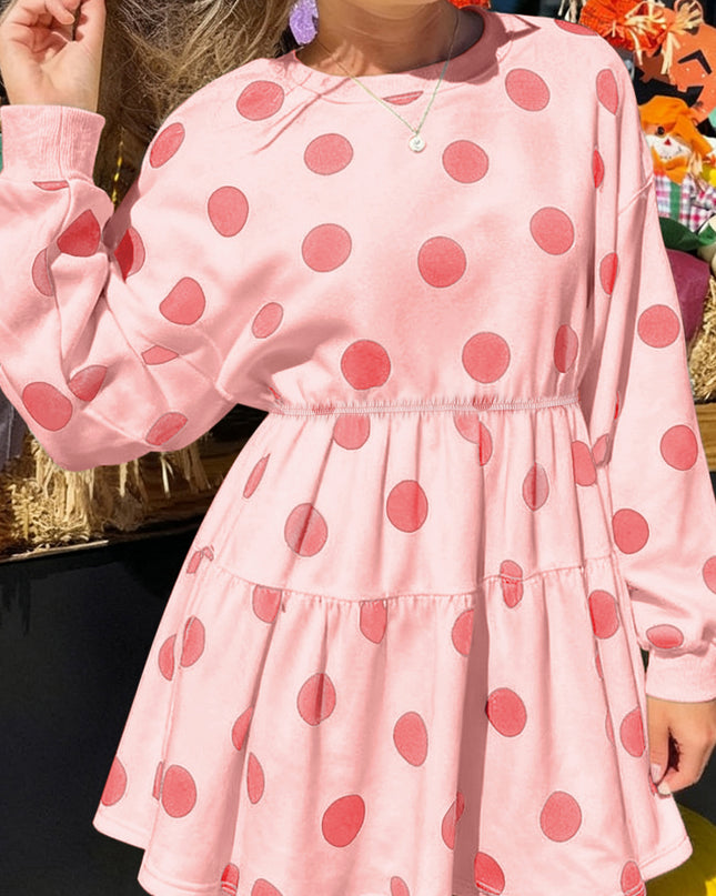 White Polka Dot Printed Long Sleeve Flared Mini Dress