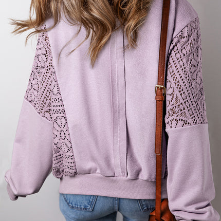 Parchment Knit Crochet Exposed Seam Ribbed Trim Sweatshirt